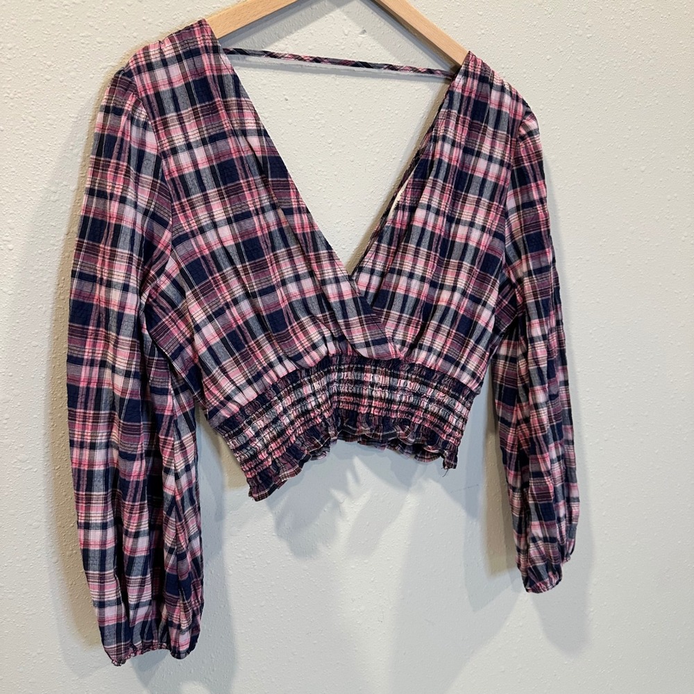 Zara Plaid Crop Top Women Medium Pink Smocked Balloon Sleeve Preppy Cottage Boho - Picture 3 of 12